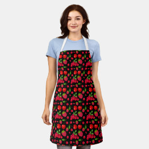 Red Berries Delight in Vibrant Pattern on Ebony Apron