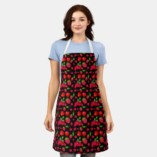Red Berries Delight in Vibrant Pattern on Ebony Apron
