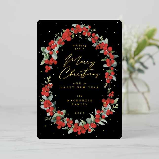 Red Berries + Eucalyptus Botanical Frame Christmas Foil Holiday Card (Standing Front)
