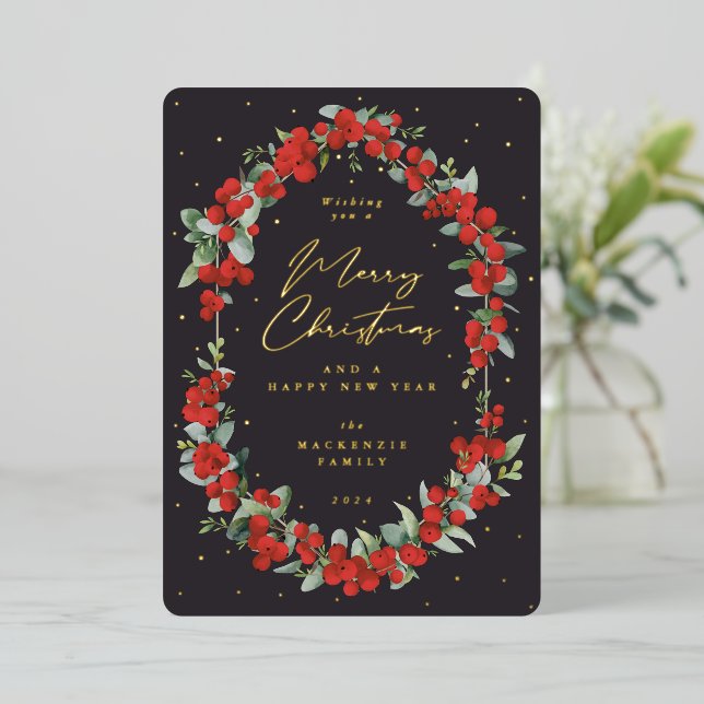Red Berries + Eucalyptus Botanical Frame Christmas Foil Holiday Card (Standing Front)