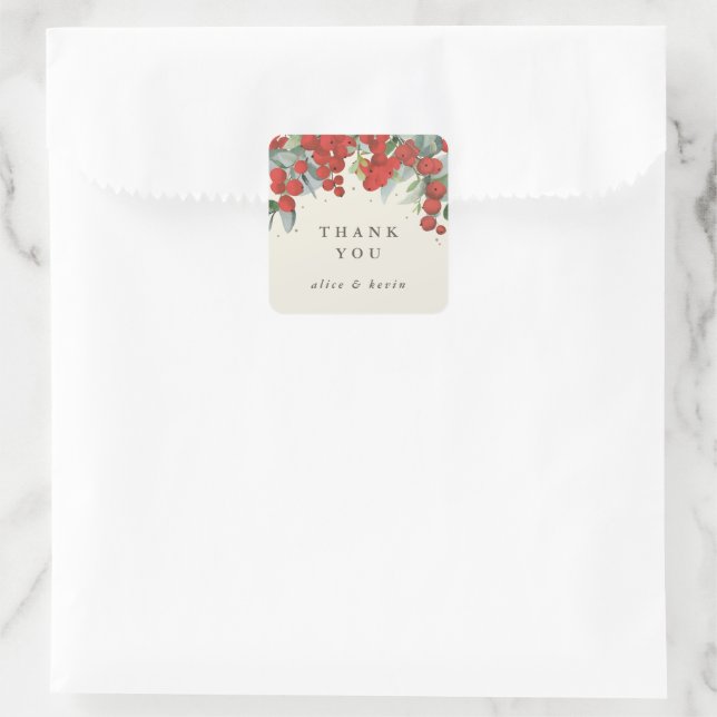 Red Berries + Eucalyptus Christmas Thank You Square Sticker (Bag)