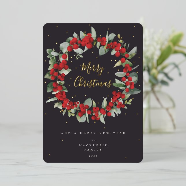 Red Berries+Eucalyptus Christmas Wreath Non-Photo Foil Holiday Card (Standing Front)