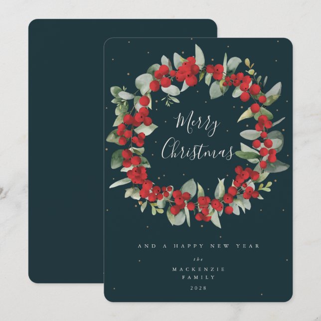 Red Berries+Eucalyptus Christmas Wreath Non-Photo Holiday Card (Front/Back)