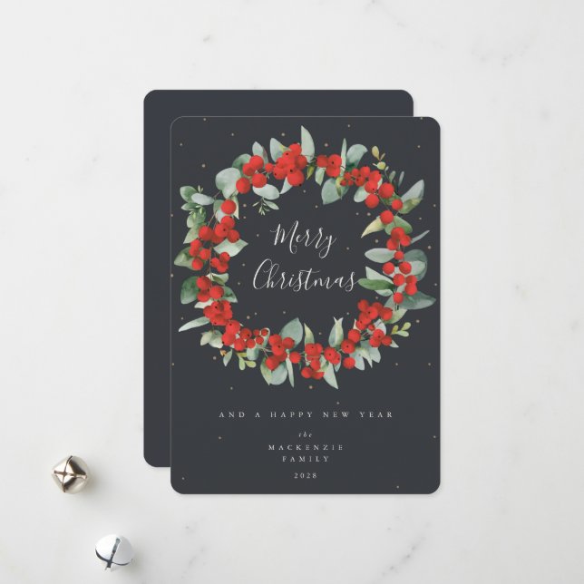 Red Berries+Eucalyptus Christmas Wreath Non-Photo Holiday Card (Front/Back In Situ)