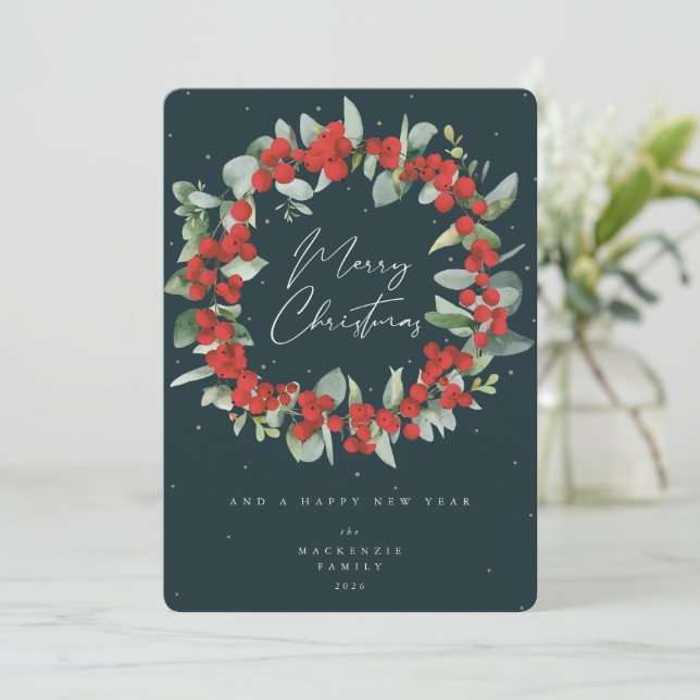 Red Berries+Eucalyptus Christmas Wreath Non-Photo Holiday Card (Standing Front)