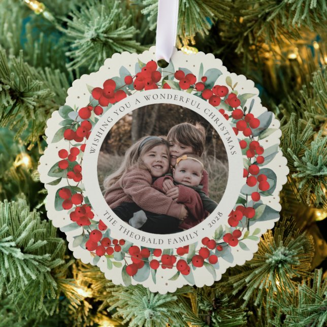 Red Berries + Eucalyptus Christmas Wreath Photo  Ornament Card (Insitu (Tree))