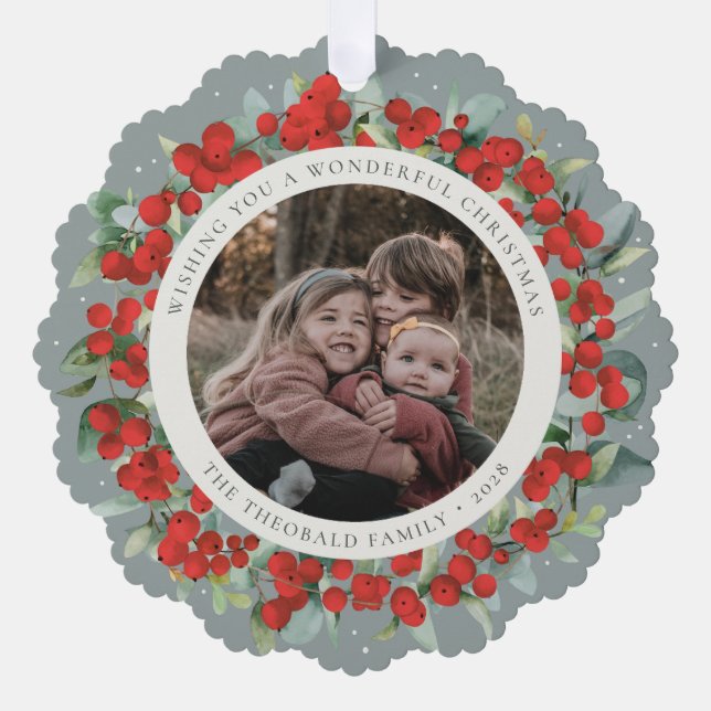 Red Berries + Eucalyptus Christmas Wreath Photo  Ornament Card (Front)
