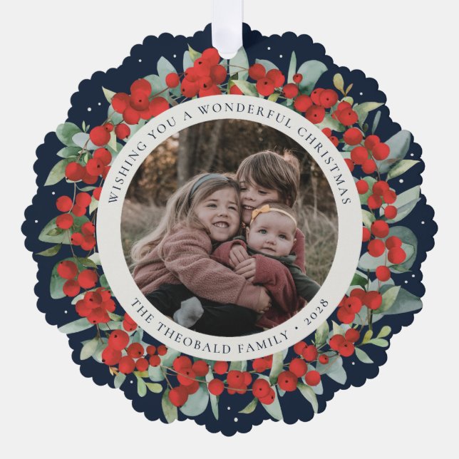 Red Berries + Eucalyptus Christmas Wreath Photo  Ornament Card (Front)