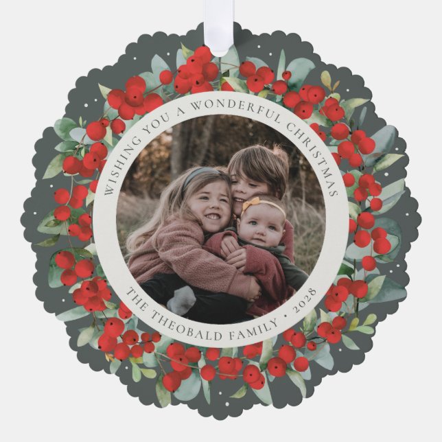 Red Berries + Eucalyptus Christmas Wreath Photo  Ornament Card (Front)