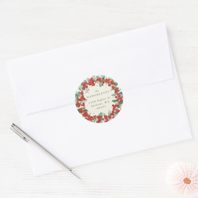 Red Berries + Eucalyptus Holiday Wreath Address Classic Round Sticker (Envelope)