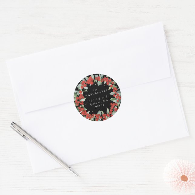 Red Berries + Eucalyptus Holiday Wreath Address Classic Round Sticker (Envelope)