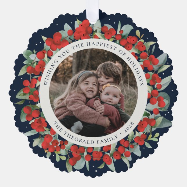 Red Berries + Eucalyptus Holiday Wreath Photo  Ornament Card (Front)