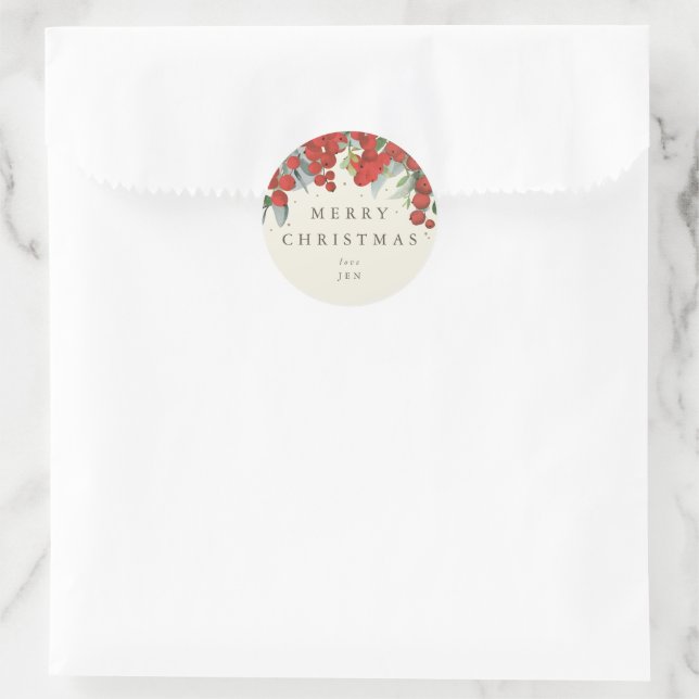 Red Berries + Eucalyptus Merry Christmas/Custom Classic Round Sticker (Bag)
