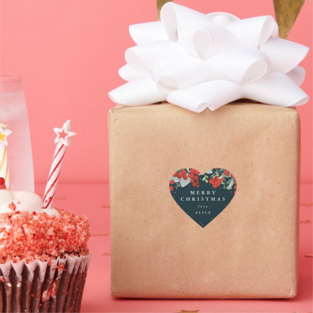 Red Berries + Eucalyptus Merry Christmas/Custom Heart Sticker (Party)