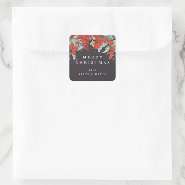Red Berries+Eucalyptus Merry Christmas/Custom Square Sticker (Bag)