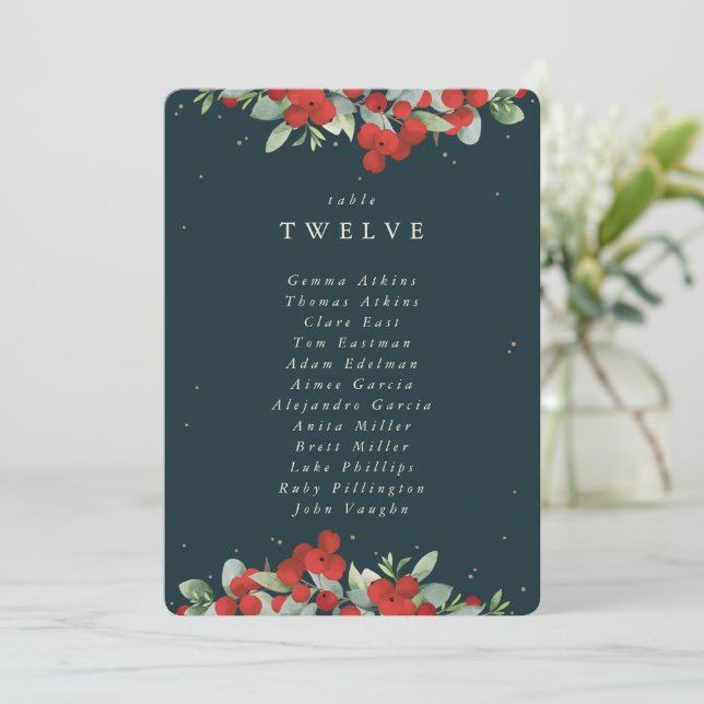 Red Berries+Eucalyptus Table Number Seating Card (Standing Front)
