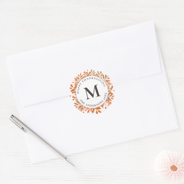 Red Berries & Fall Leaves Monogram Classic Round Sticker (Envelope)