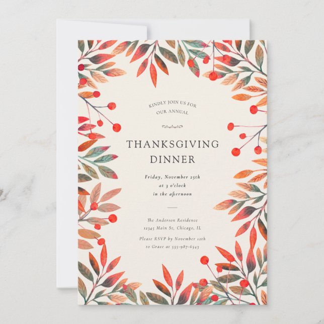 Red Berries & Fall Leaves Thanksgiving Dinner Invitation (Front)