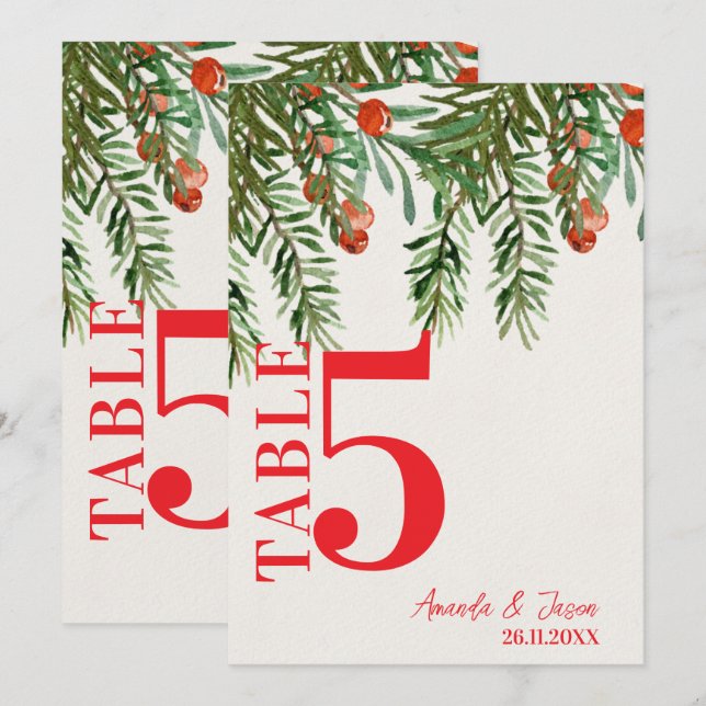 Red Berries Festive Noël Mariage Numéro de table (Devant / Derrière)