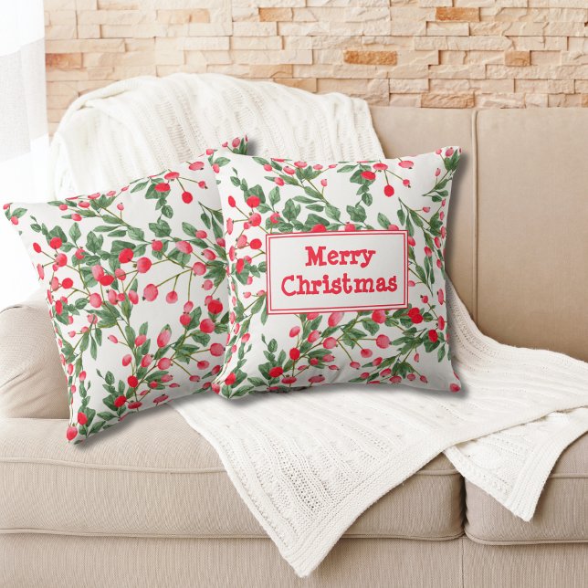 Red Berries Festive Pattern Merry Christmas Throw Pillow (Creator Uploaded)