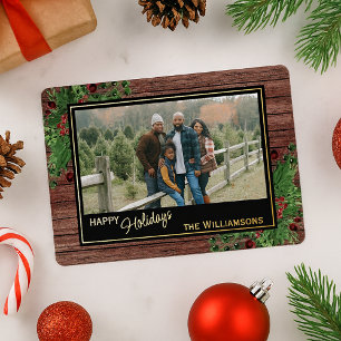 Red Berries Green Holly Botanical Foliage Gold Foil Holiday Card