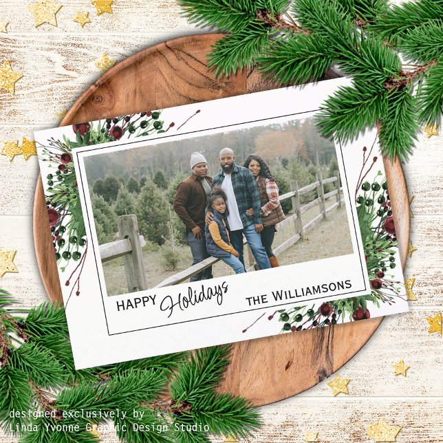 Red Berries Green Holly Cute Botanical Foliage Holiday Card (Creator Uploaded)