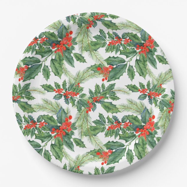 Red Berries Green Holly Floral Christmas Holiday Paper Plate (Front)