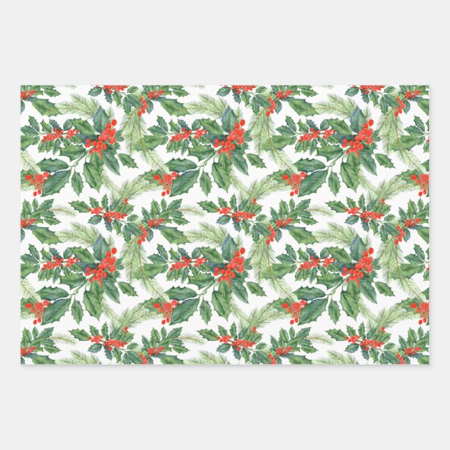 Red Berries Green Holly Floral Christmas Holiday  Wrapping Paper Sheet (Front)