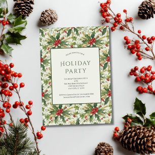 Red Berries Green Holly Holiday Christmas Party Invitation