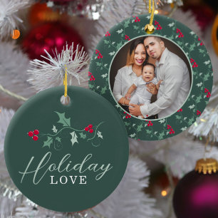 Red berries green holly leaves Christmas photo Ceramic Ornament