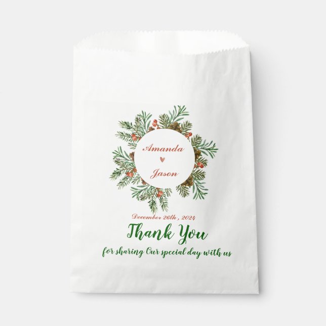 Red Berries Green Leaves Christmas Wedding Party Favour Bag (Front)