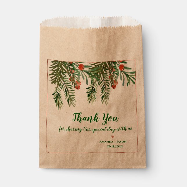 Red Berries Green Leaves Christmas Wedding Party Favour Bag (Front)