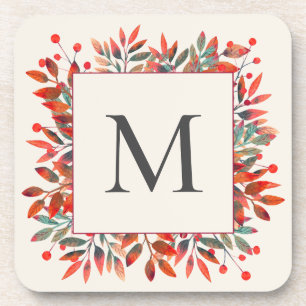 Red Berries & Green Leaves Monogram Coaster