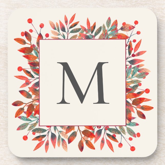 Red Berries & Green Leaves Monogram Coaster (Front)