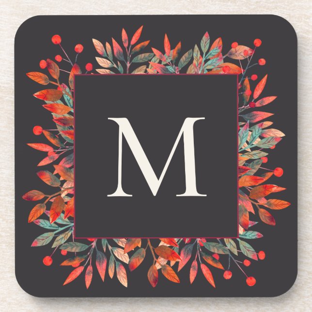 Red Berries & Green Leaves Monogram Coaster (Front)