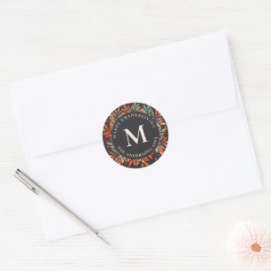 Red Berries & Green Leaves Monogram Dark Classic Round Sticker