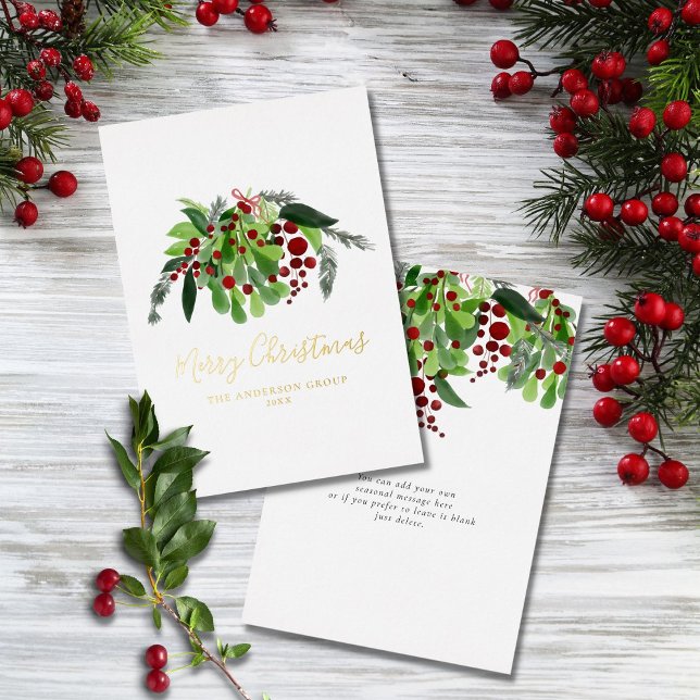 Red Berries Greenery Business Christmas Gold Foil Holiday Card (Creator Uploaded)