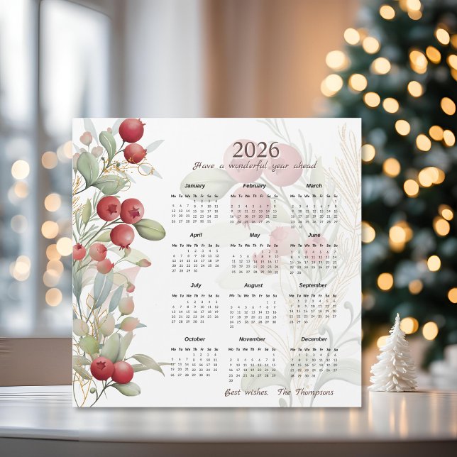 Red Berries Greenery Elegant 2026 Calendar Card (Creator Uploaded)