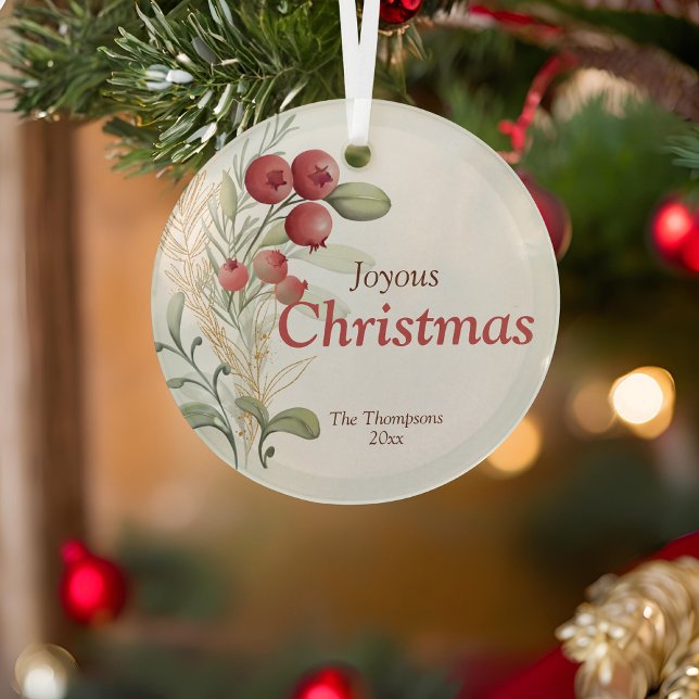 Red Berries Greenery Elegant Holiday Glass Ornament (Creator Uploaded)