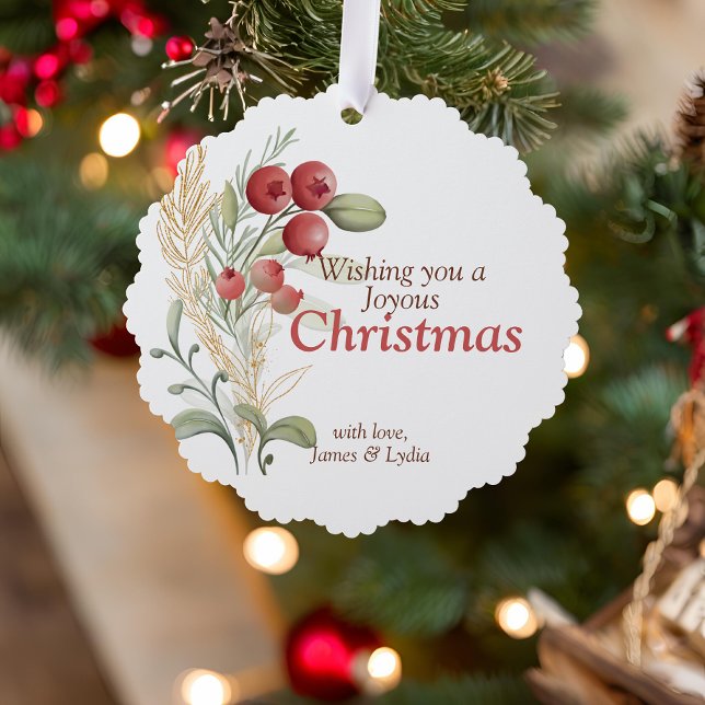 Red Berries Greenery Elegant Holiday Ornament Card (Creator Uploaded)