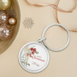 Red Berries Greenery Elegant Name Christmas Keychain