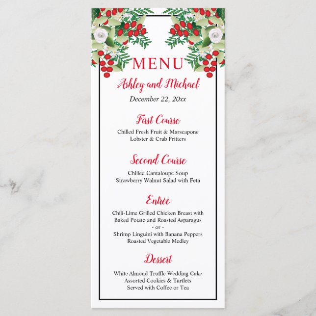 Red Berries | Greenery Floral Holiday Wedding Menu (Front)