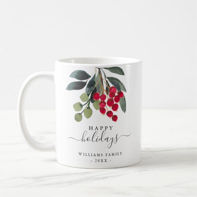 Red Berries Greenery Happy Holidays Custom Mug (Left)