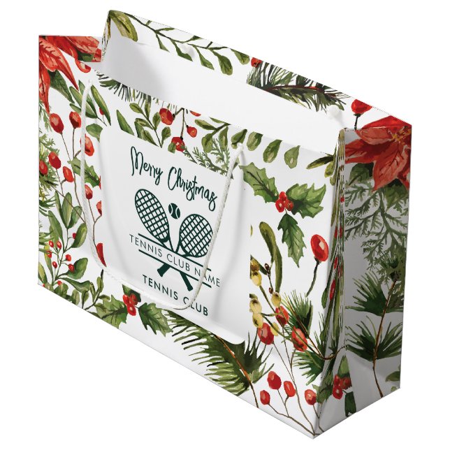 Red Berries Greenery Tennis Club Christmas Holiday Large Gift Bag (Front Angled)