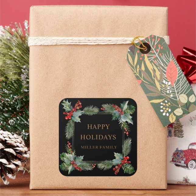 Red Berries Happy Holidays Monogram Square Sticker (Holiday)