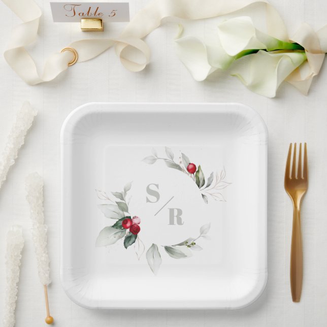 Red Berries Holiday Cheer His & Her Monogram Paper Plate (Wedding)