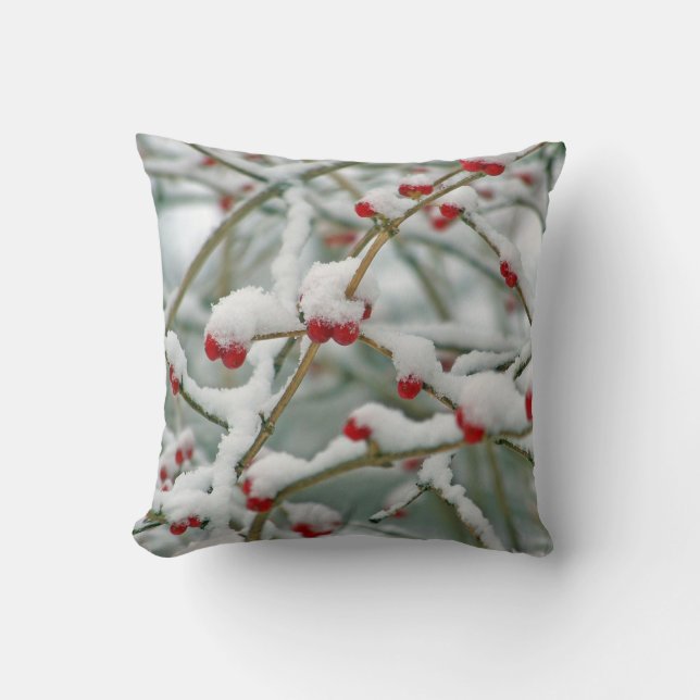 Red Berries in the Snow winter scene Throw Pillow (Front)