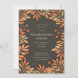 Red Berries & Leaves Brown Thanksgiving Dinner Invitation