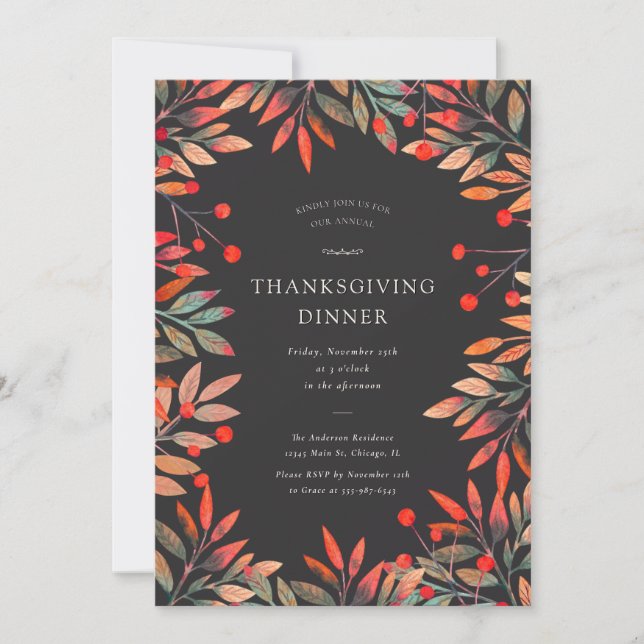 Red Berries & Leaves Custom Thanksgiving Dinner Invitation (Front)