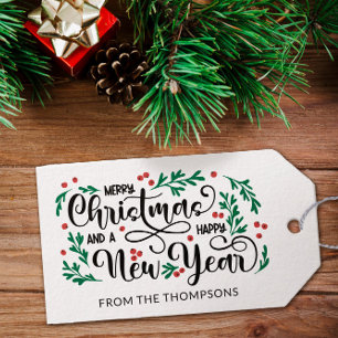 Red Berries Merry Christmas Happy New Year From Gift Tags